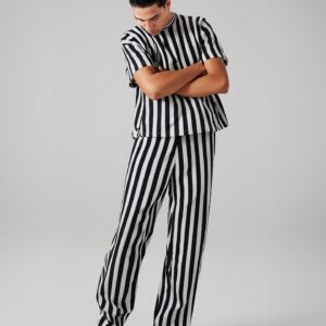 Men Striped Sets Casual Fashion Lapel Short Sleeve Shirt & Long Pants